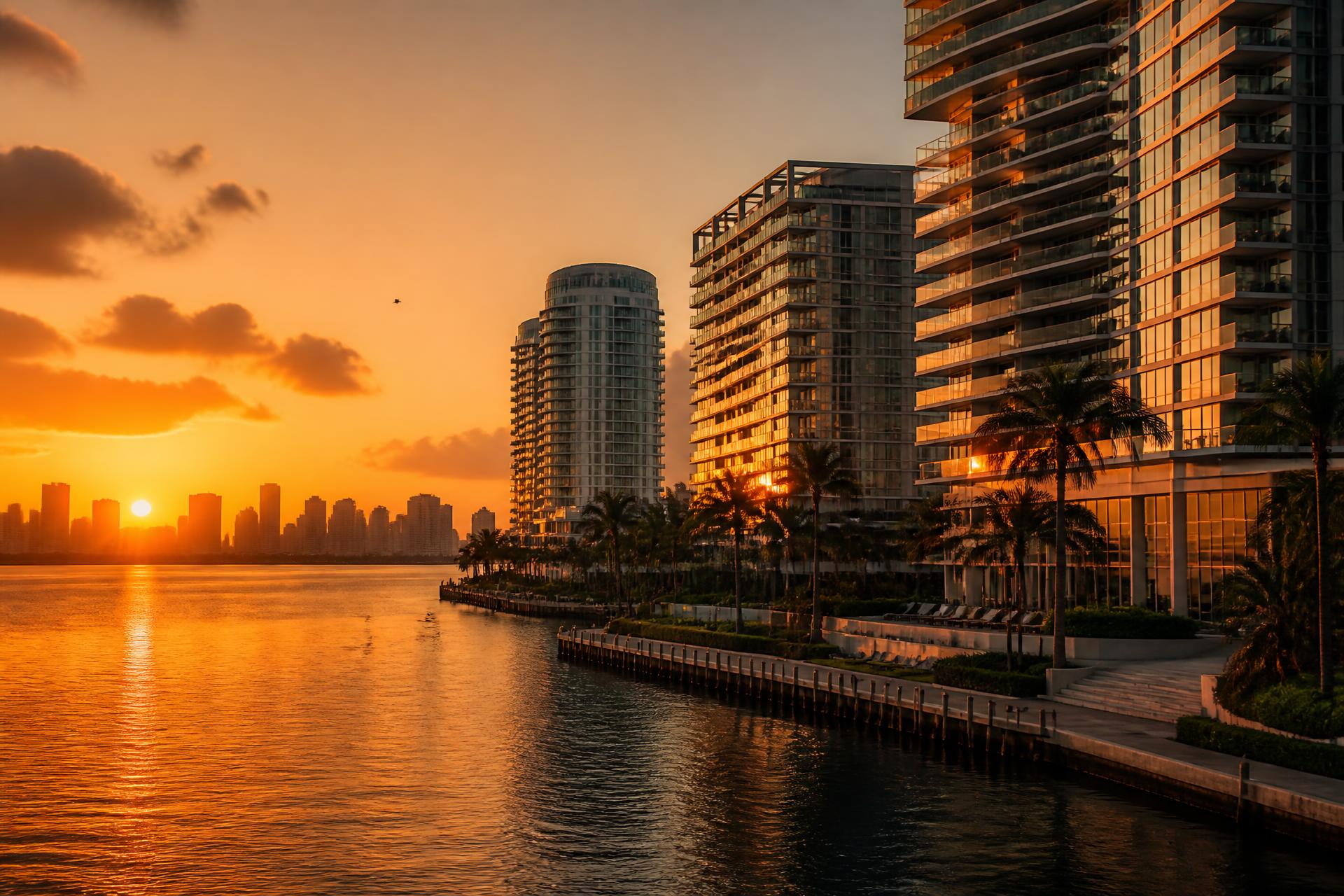 Miami waterfront skyline at sunset